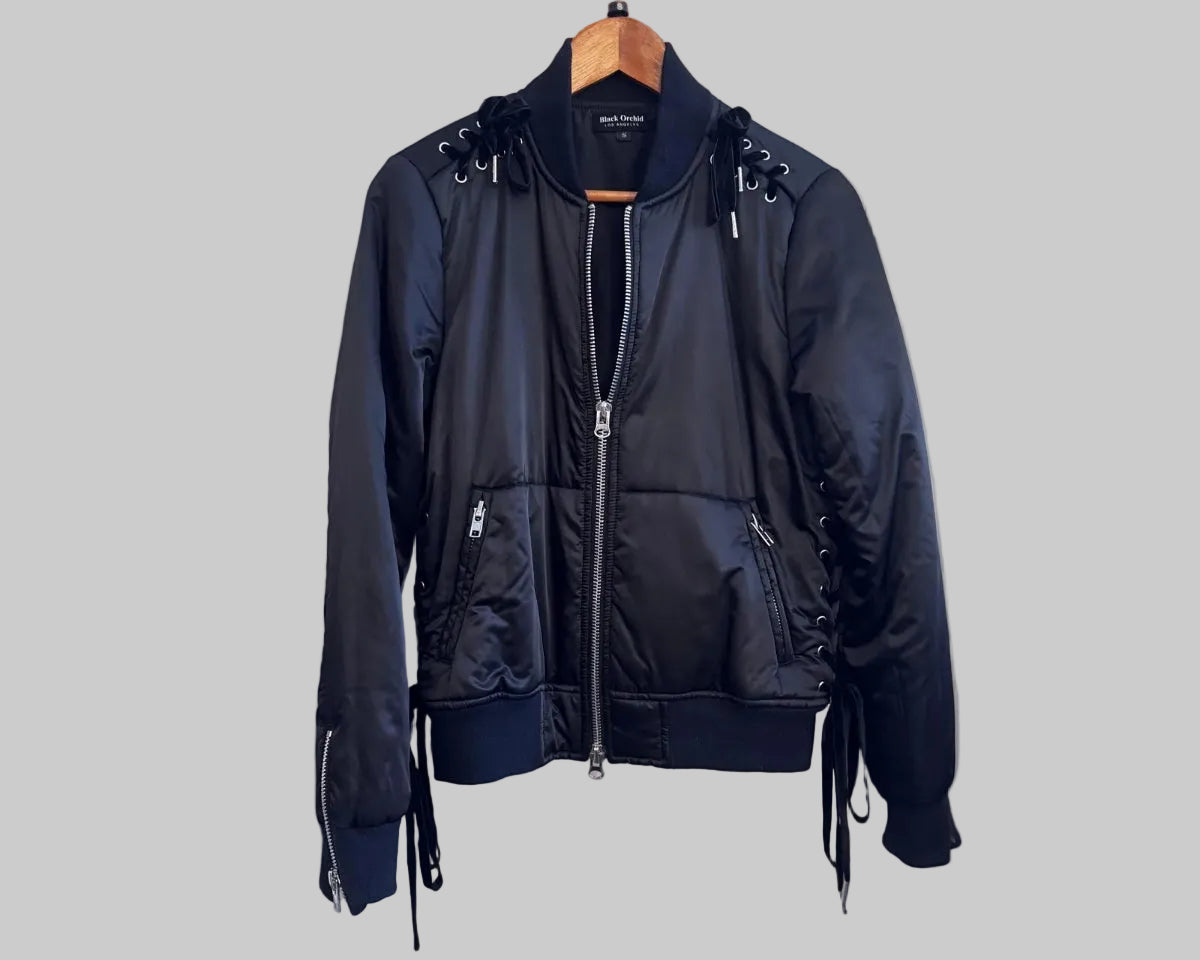 BLACK ORCHID BOMBER JACKET WITH LACE-UP DETAILS