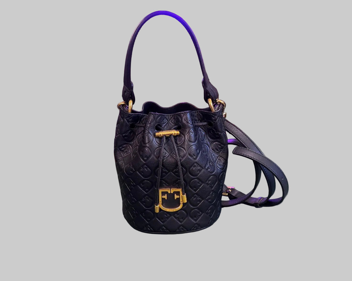 FURLA EMBOSSED MONOGRAM LEATHER BUCKET BAG