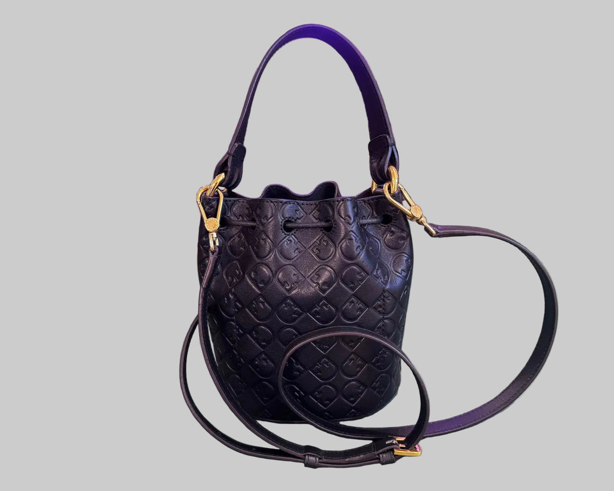 FURLA EMBOSSED MONOGRAM LEATHER BUCKET BAG