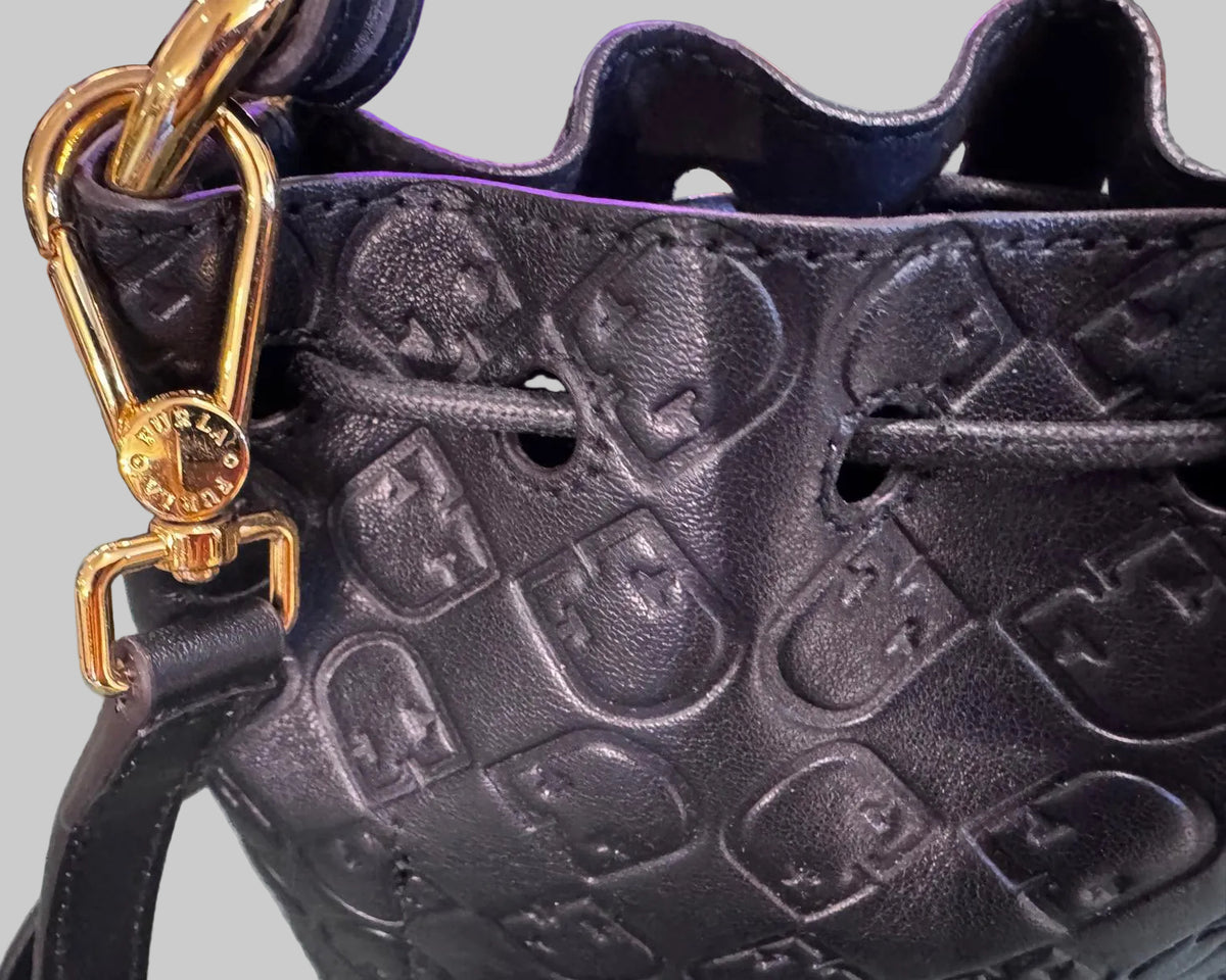 FURLA EMBOSSED MONOGRAM LEATHER BUCKET BAG