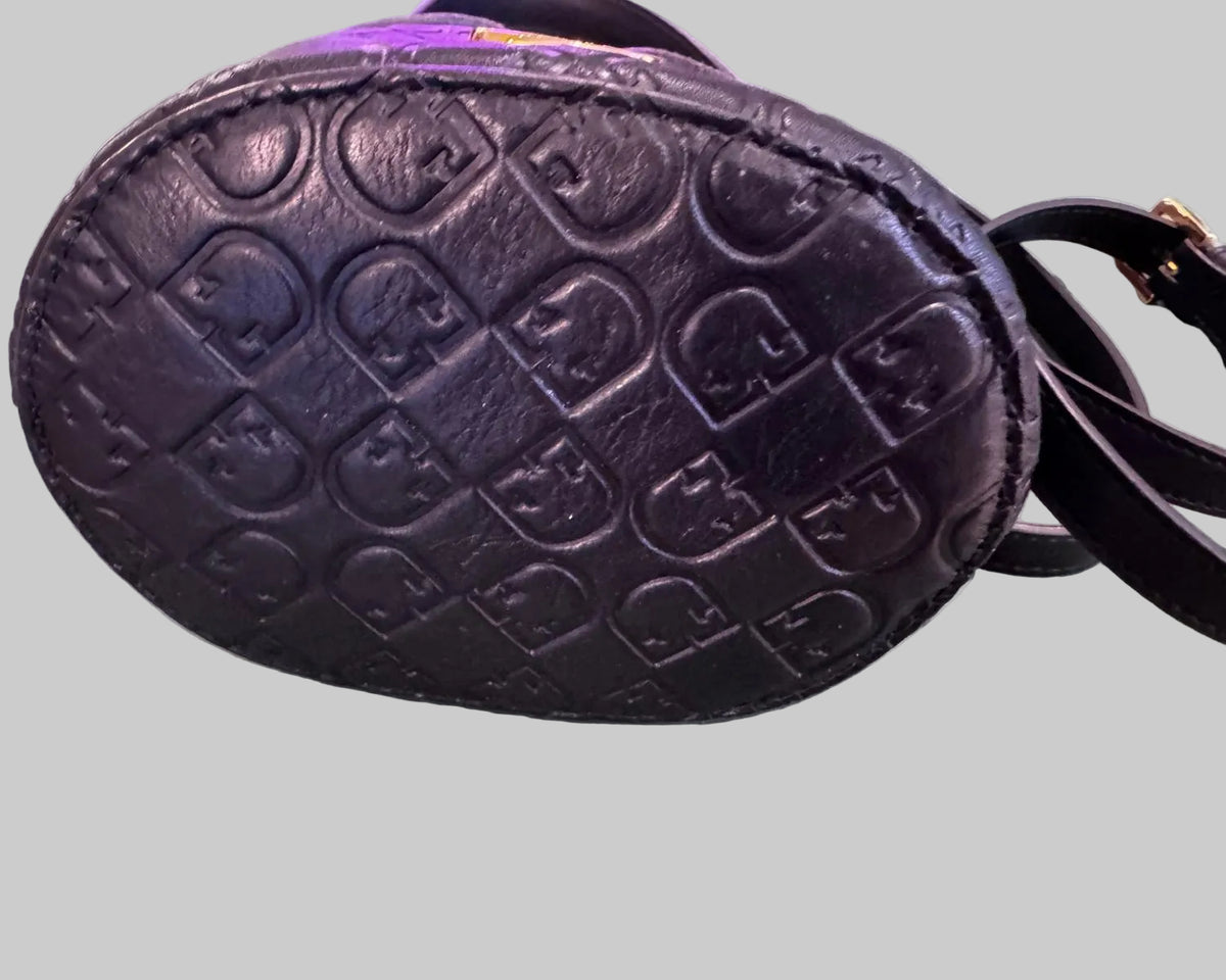 FURLA EMBOSSED MONOGRAM LEATHER BUCKET BAG