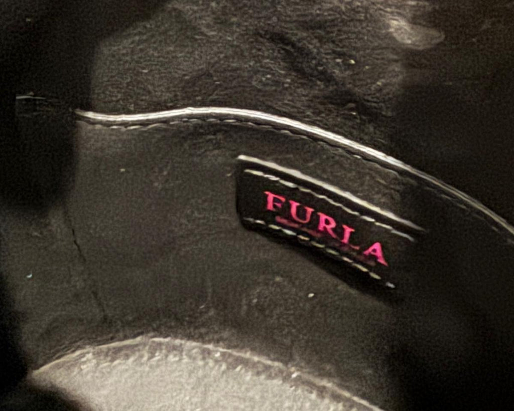 FURLA EMBOSSED MONOGRAM LEATHER BUCKET BAG